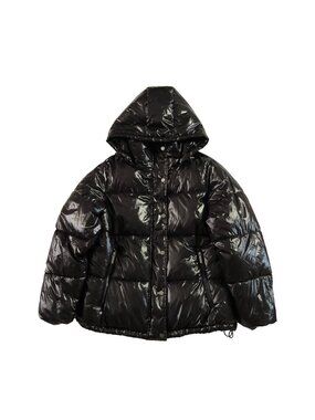 NWOT Michael Kors Jacket XL Black Puffer Hood Zip Snaps Pockets Drawcord Lined